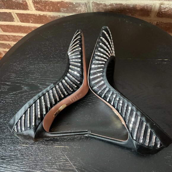 Aquazzura Black Mesh Crystal Embellished Stiletto Heels Pumps - Picture 4 of 9